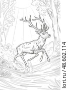 A deer sprinting through a dense forest filled with tall trees in a natural setting. Стоковое AI-изображение, AI-художник Данила Большаков / Фотобанк Лори