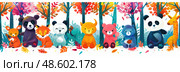 Several bears are standing upright in a dense forest setting, surrounded by tall trees and foliage. Стоковое AI-изображение, AI-художник Данила Большаков / Фотобанк Лори