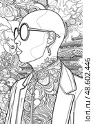 A stylish woman with sunglasses is superimposed on a detailed backdrop featuring traditional Asian architecture and swirling patterns. Стоковое AI-изображение, AI-художник Данила Большаков / Фотобанк Лори