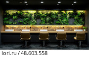 A sleek bathroom features four stylish sinks illuminated by soft lighting, surrounded by vibrant green plants in a modern setting. Стоковое AI-изображение, AI-художник Данила Большаков / Фотобанк Лори