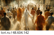 Crowds of people in colorful traditional clothing are moving together through a dusty street, celebrating a unique cultural event. Стоковое AI-изображение, AI-художник Данила Большаков / Фотобанк Лори