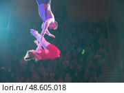Belarus, Gomel, April 1, 2018. Gomel State Circus. Performance of the team of the Moscow circus Nikulin.A dangerous acrobatic number in the circus of a pair of gymnasts without support. Редакционное фото, фотограф Лазаренко Светлана / Фотобанк Лори