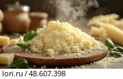Freshly grated cheese with herbs prepared for pasta dish in a kitchen setting. Свежий тертый сыр с зеленью для приготовления блюда из пасты на кухне. Стоковое AI-изображение, AI-художник Katsiaryna Repich / Фотобанк Лори