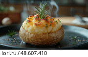 Delicious stuffed mushroom topped with creamy cheese and herbs. Вкусные фаршированные грибы со сливочным сыром и зеленью. Стоковое AI-изображение, AI-художник Katsiaryna Repich / Фотобанк Лори