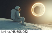 Astronaut gazes at distant sun while sitting on lunar surface during a serene moment in space. Стоковое AI-изображение, AI-художник Михаил Коханчиков / Фотобанк Лори