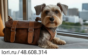 Portrait of a Schnauzer dog wearing a leather bag looking at the viewer with a city view in the background. Стоковое AI-изображение, AI-художник Данила Большаков / Фотобанк Лори