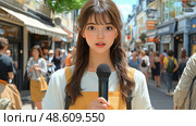 A young woman stands in a vibrant market street, holding a microphone as she engages with passersby in a sunny atmosphere. Стоковое AI-изображение, AI-художник Данила Большаков / Фотобанк Лори