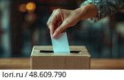 A hand is seen inserting a ballot into a cardboard box at a public voting location, highlighting civic participation in the electoral process. Стоковое AI-изображение, AI-художник Данила Большаков / Фотобанк Лори