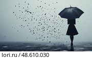 Woman with an umbrella walking in rain, with petals swirling around her. Женщина с зонтиком идет под дождем, лепестки кружатся вокруг нее. Стоковое AI-изображение, AI-художник Katsiaryna Repich / Фотобанк Лори