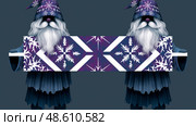 Christmas gnomes holding geometric snowflake banner on dark background. Стоковое AI-изображение, AI-художник Лариса Пономарева / Фотобанк Лори