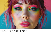 A woman with vibrant makeup and colored hair, front view, bright lighting, artistic color palette with bold colors. Стоковое AI-видео, аниматор Sergey Grishin / Фотобанк Лори