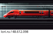 A sleek red train accelerates through a contemporary station filled with commuters during peak afternoon hours. Стоковое AI-изображение, AI-художник Данила Большаков / Фотобанк Лори