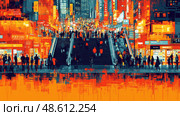 A large crowd of people descends concrete steps in a lively city at night, surrounded by bright storefronts and vibrant signage. Стоковое AI-изображение, AI-художник Данила Большаков / Фотобанк Лори