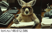 The kangaroo, adorned with glasses, focuses on taking notes at a cluttered desk surrounded by computers and office materials. Стоковое AI-изображение, AI-художник Данила Большаков / Фотобанк Лори