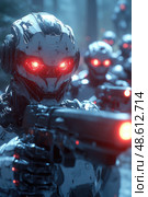 A line of futuristic robots featuring glowing red eyes, armed and ready, are situated in a dark forest during twilight hours. Стоковое AI-изображение, AI-художник Данила Большаков / Фотобанк Лори