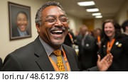 The man expresses joy while engaging with others during a networking event, showcasing camaraderie and professional connections. Стоковое AI-изображение, AI-художник Данила Большаков / Фотобанк Лори