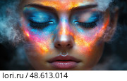 A young woman closes her eyes, showcasing striking face paint in vibrant colors against a soft, smoky background. Стоковое AI-изображение, AI-художник Данила Большаков / Фотобанк Лори