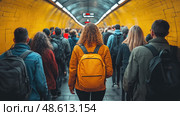 Many commuters walk through a brightly lit underground tunnel in a city subway station during peak travel time. Стоковое AI-изображение, AI-художник Данила Большаков / Фотобанк Лори