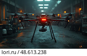 A drone with various sensors and lights is positioned in a warehouse, showcasing its capabilities in low-light conditions. Стоковое AI-изображение, AI-художник Данила Большаков / Фотобанк Лори