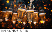 Bubbly champagne is poured into elegant flutes, surrounded by twinkling lights during a festive evening celebration. Стоковое AI-изображение, AI-художник Данила Большаков / Фотобанк Лори