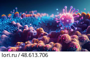 Visualization of Covid virus invasion - microscopic journey into cellular terrain, FLiRT, XEC and pathogenic activity. Стоковое AI-изображение, AI-художник Андрей Ка / Фотобанк Лори