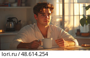 A young man relaxes with a warm cup of coffee, basking in the golden morning light streaming through the kitchen window. Стоковое AI-изображение, AI-художник Данила Большаков / Фотобанк Лори