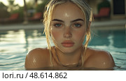 A young woman relaxes in a tranquil outdoor pool, her blonde hair glistening as she basks in the warm sunlight surrounded by nature. Стоковое AI-изображение, AI-художник Данила Большаков / Фотобанк Лори
