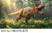 A large dinosaur strides through a vibrant prehistoric forest, surrounded by ferns in soft morning sunlight. Стоковое AI-изображение, AI-художник Данила Большаков / Фотобанк Лори