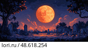 The full moon shines brightly over a quiet graveyard, creating a serene atmosphere with shadows dancing among the gravestones at twilight. Стоковое AI-изображение, AI-художник Данила Большаков / Фотобанк Лори