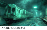 An eerie abandoned subway train rests in a foggy, poorly lit underground station filled with rust and decay. Стоковое AI-изображение, AI-художник Данила Большаков / Фотобанк Лори