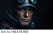 A solitary figure with goggles stands against a dark backdrop, gazing intently as rain pours down during a somber evening. Стоковое AI-изображение, AI-художник Данила Большаков / Фотобанк Лори