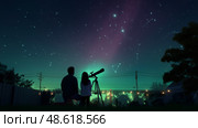 Stargazing activity with telescope in backyard during nighttime surrounded by beautiful constellations. Стоковое AI-изображение, AI-художник Сергей Толмачёв / Фотобанк Лори