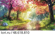 A painting showcasing a stream cutting through a dense forest, with overhanging trees and foliage reflecting in the calm waters. Стоковое AI-изображение, AI-художник Данила Большаков / Фотобанк Лори