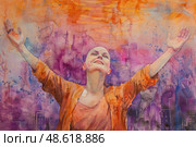 Watercolor painting of bald grateful woman with her hands lifted up in the air. Стоковое AI-изображение, AI-художник Данила Большаков / Фотобанк Лори