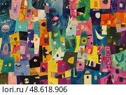 A painting featuring a multitude of bright colors and diverse shapes intersecting and overlapping in a dynamic composition. Стоковое AI-изображение, AI-художник Данила Большаков / Фотобанк Лори