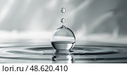 Delicate water droplet creates ripples on a calm surface in a serene environment. Стоковое AI-изображение, AI-художник Сергей Толмачёв / Фотобанк Лори