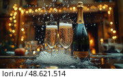 Two elegant glasses of champagne create a festive atmosphere near a crackling fireplace, enhancing the joyous evening celebration. Стоковое AI-изображение, AI-художник Данила Большаков / Фотобанк Лори