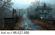 A misty, deserted road winds towards an old, blue house neglected by time, flanked by skeletal trees and wild grasses on a dreary day. Стоковое AI-изображение, AI-художник Данила Большаков / Фотобанк Лори