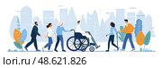 A diverse crowd strolls through a vibrant urban landscape, showcasing inclusivity with a person in a wheelchair among them. Стоковое AI-изображение, AI-художник Данила Большаков / Фотобанк Лори