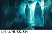 Mysterious spectral figures silently linger in an old, dim corridor, their presence accentuated by a foggy ambiance and soft light from a doorway. Стоковое AI-изображение, AI-художник Данила Большаков / Фотобанк Лори