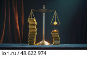 Balancing wealth, justice, and prosperity with scales and coins in a dimly lit setting. Стоковое AI-изображение, AI-художник Сергей Толмачёв / Фотобанк Лори