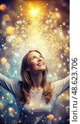 Woman Celebrating Success With Hands Raised. Generative AI. Стоковое AI-изображение, AI-художник Roman Zavorotny / Фотобанк Лори