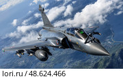 A fighter jet is flying through the sky with clouds in the background. Стоковое AI-изображение, AI-художник Ярославский Максим / Фотобанк Лори