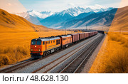 A train is traveling down a track with mountains in the background. Стоковое AI-изображение, AI-художник Ярославский Максим / Фотобанк Лори