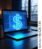 A computer screen shows a dollar sign in blue. Стоковое AI-изображение, AI-художник Ярославский Максим / Фотобанк Лори