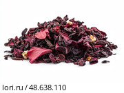 Roselle or Hibiscus tea pile isolated on a white background. Dry karkade flowers petals heap of dried herbal tea. Indian spices. Mockup of aromatic Fruit Red Tea, Dried Herbal Beverage. Carcade. Стоковое AI-изображение, AI-художник Марина Демидюк / Фотобанк Лори