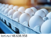 Chicken Eggs on a conveyor belt. Hatching and poultry farming. Egg factory industry. Egg selection process and grading production line with fresh eggs. Automated business, organic farming concept. Стоковое AI-изображение, AI-художник Марина Демидюк / Фотобанк Лори
