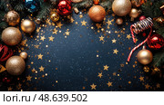 Shimmering golden ornaments and a star sit on a dark surface while warm lights twinkle in the background, adding a cheerful holiday spirit. Стоковое AI-изображение, AI-художник Данила Большаков / Фотобанк Лори