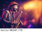 The musician expertly plays the saxophone, surrounded by vibrant lights at a lively jazz concert in the evening. Стоковое AI-изображение, AI-художник Данила Большаков / Фотобанк Лори