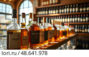 Крепкий алкоголь на полках винного магазина, кафе, бара, ресторана/ Whiskey bottles on the shelves in a liquor store, food and drink background. Стоковое AI-изображение, AI-художник Iva Noel / Фотобанк Лори